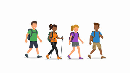Fototapeta premium Diverse group of friends hiking together on a white background, enjoying outdoor activity and adventure