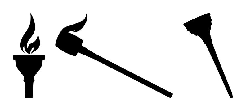 Torch set with a single black silhouette on a stark white background featuring flame, handle, symbol with light and ignition