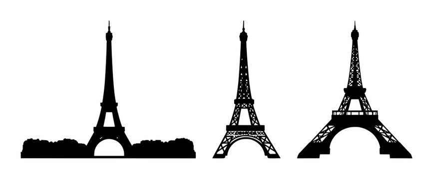 Eiffel Tower icon set with solid black symbol on white background featuring landmark, Paris, iconic silhouette with architecture and tourism