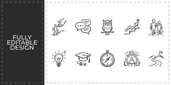 Education and creative learning hand drawn icons featuring brain lightbulb graduation cap and trophy for academic success and student achievement design
