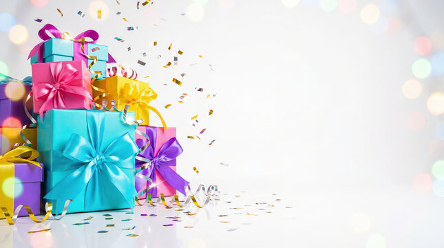 Colorful wrapped gift boxes with satin bows and falling confetti on light background. Happy birthday card concepts. Celebration banner with copy-space.