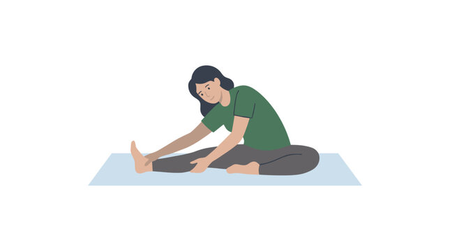 Woman performing Janu Sirsasana yoga pose stretching her hamstring and back on a mat, healthy lifestyle illustration