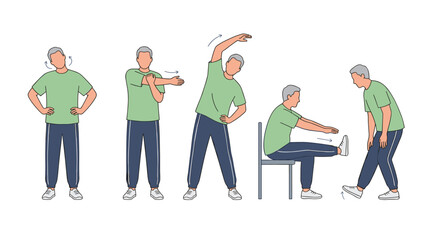 Obraz premium Senior Man Performing Various Stretching Exercises for Flexibility and Mobility in a Sequence of Illustrations