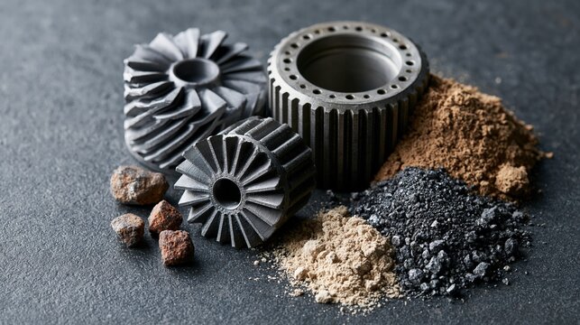 Printed turbine components and powdered metal samples on graphite surface