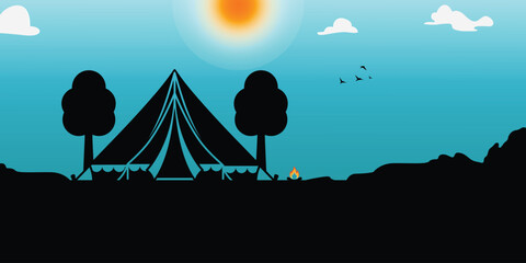 Camping scene with tent and campfire at sunrise © MdMosahid