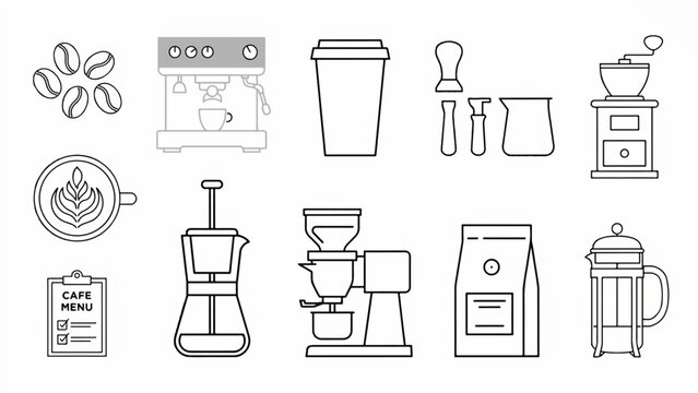 Coffee and coffee maker line icons set including beans cup menu