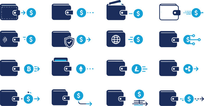 Collection of navy blue wallet icons with money and security symbols.