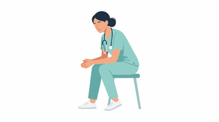 Fototapeta premium Tired nurse in scrubs sitting on a stool with head bowed and stethoscope around neck feeling exhausted and stressed