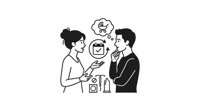 A couple discussing family planning and contraception methods.