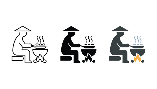 Traditional Asian chef in conical hat cooking food in a wok over an open flame with steam rising
