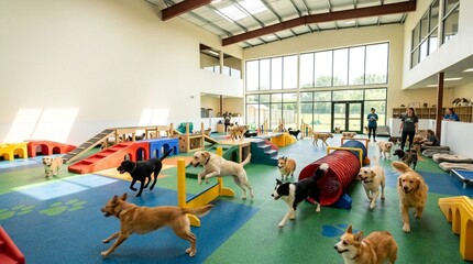 Fototapeta premium Active dogs playing and training in a bright, modern indoor doggy daycare facility