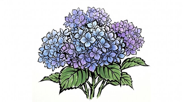 Ink and watercolor illustration of blue and purple hydrangea flowers