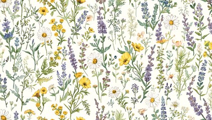 Fototapeta premium Soft botanical illustration with scattered meadow flowers and fresh green foliage.