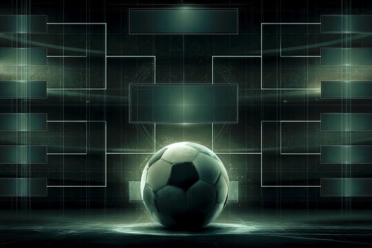 Dark soccer tournament bracket template with a glowing ball, empty match panels, and futuristic stadium lighting.