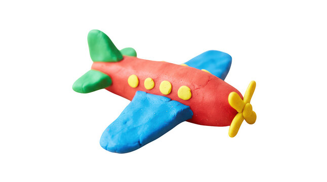 Colorful kids modeling clay airplane toy handmade plasticine miniature propeller aircraft sculpture isolated on Transparent background