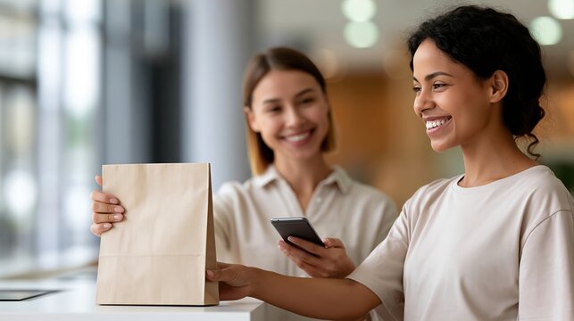 Retail associate handing paper pickup bag to smiling customer with smartphone
