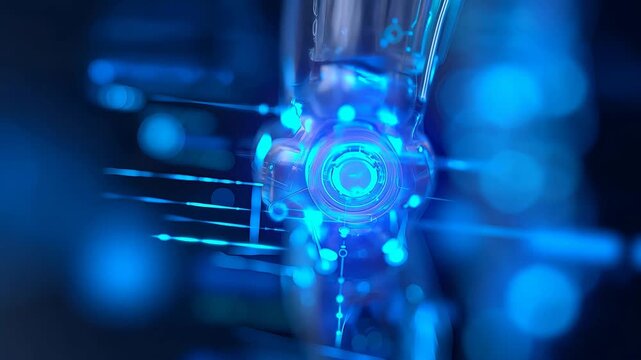 Cybernetic knee joint with glowing data connections. Advanced medical implant and bionic prosthetic leg technology. Digital science for robotic limb innovation.