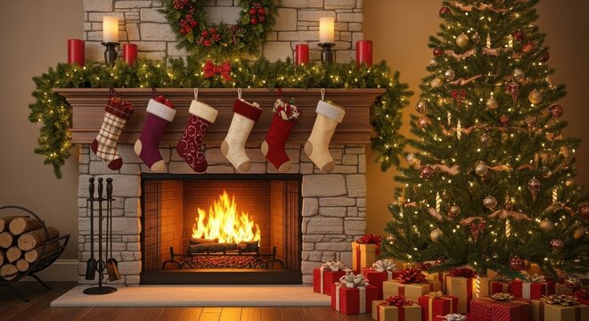 Cozy christmas decorated living room with fireplace glowing fire festive
