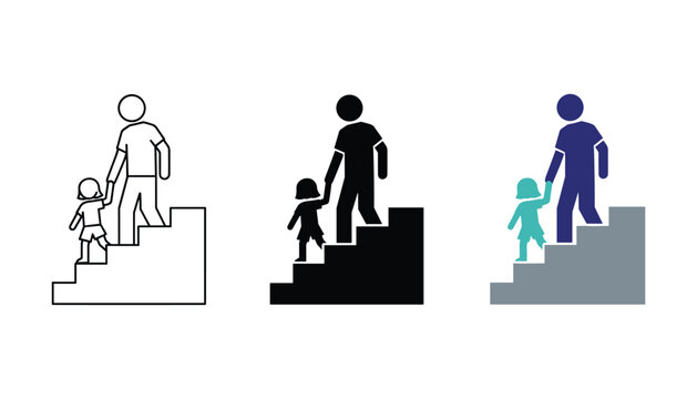 Father helping young daughter climb stairs vector icon set showing parental support and guidance
