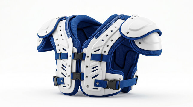 American Football Shoulder Pads, White and Blue, Close-up View