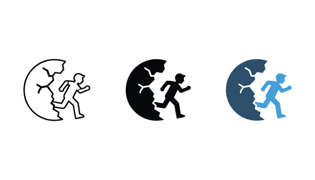 Man running out of broken circle vector icon set symbolizing escape and breaking free from limits
