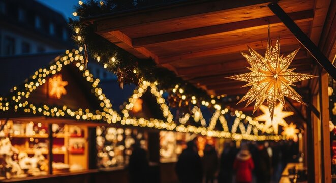 Festive christmas market stall decorated with glowing lights and stars, seasonal