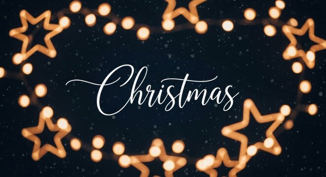 Christmas script lettering on dark background with bokeh star shaped lights