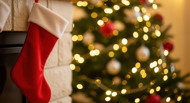 Red christmas stocking hanging on brick fireplace with blurred lit tree