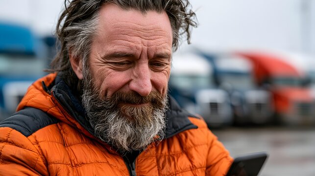 Bearded man checks phone near parked trucks