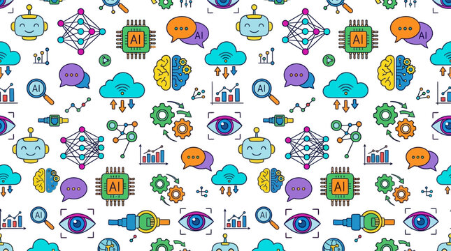 Seamless pattern of artificial intelligence icons, cute robot heads, neural networks, AI chips, chat bubbles, cloud computing, machine learning symbols, data analytics, automation gears, computer visi