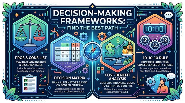Decision making frameworks infographic for strategic business planning