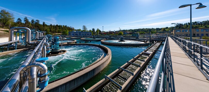 Modern wastewater treatment facility with large circular settling tanks and stainless steel pipes