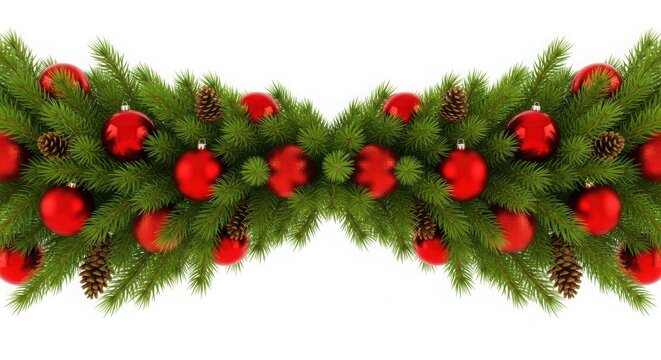 Symmetrical christmas pine garland with red ornaments on white background
