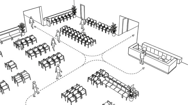 Isometric line art medical laboratory layout featuring diagnostic equipment and clinic workspace