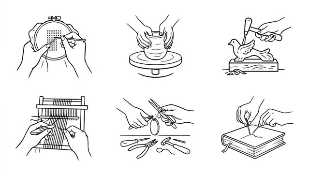 hands engaged in various crafting activities with tools and materials  sewing embroidery weaving pottery and bookbinding