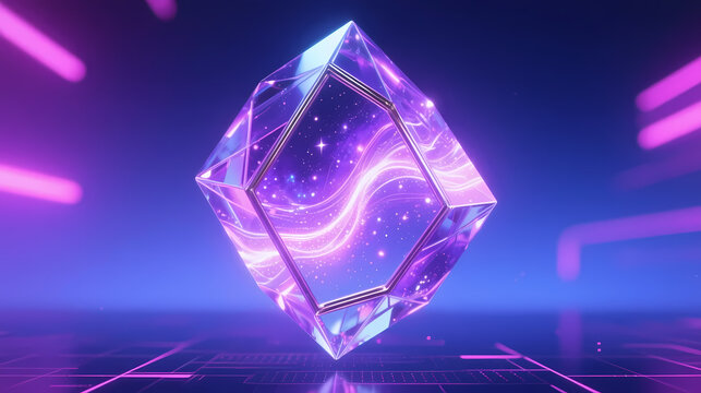 Floating crystal glowing in cyber space