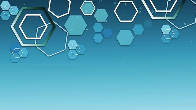 Abstract background with various hexagon outlines and solid hexagons clustered at top animation