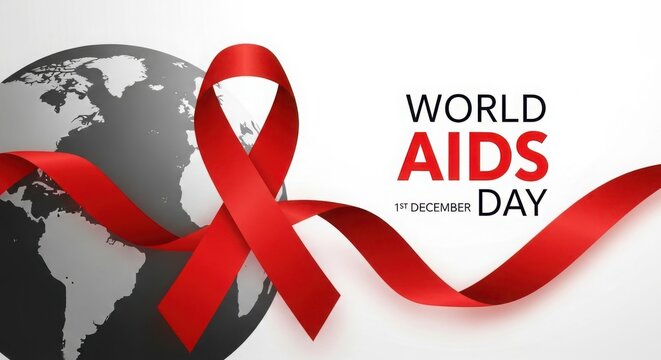 World aids day awareness banner with red ribbon and map of the world, awareness