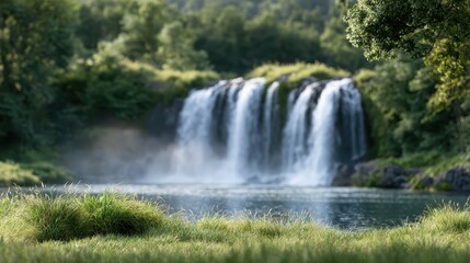 Naklejka premium Hidden forest waterfall surrounded by lush trees and emerald water, wilderness escape, natural beauty, eco tourism, peaceful landscape.