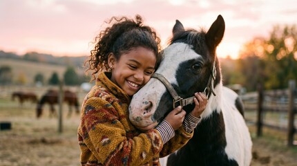 Obraz premium Young girl gently touching a pony during golden evening light. Concept of childhood, friendship, animal care, trust, education, family values, therapy, farming and wellness. Generative AI.