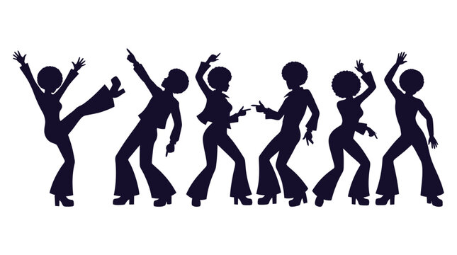 Group of dancing people silhouettes featuring retro disco fashion styles and energetic seventies dance poses