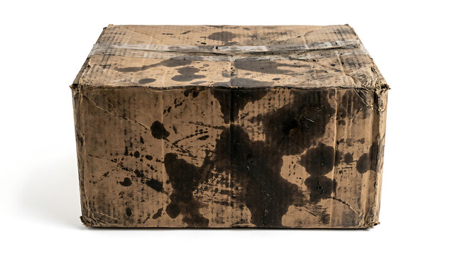 Dirty Grunge Cardboard Delivery Package Box Isolated on a Clean White Background