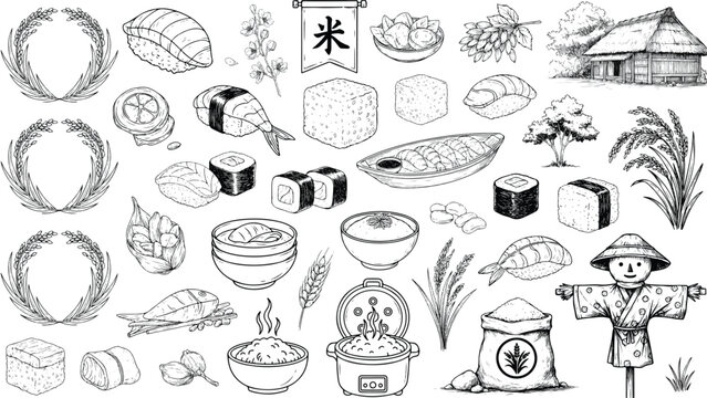 Japanese food and culture illustrations including sushi rice wreaths and scarecrow