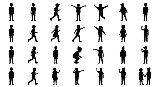 Black silhouettes of diverse children in various active poses arranged neatly on a white background
