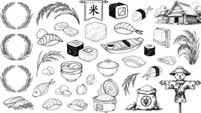 Japanese food and farming illustrations including sushi rice and scarecrow