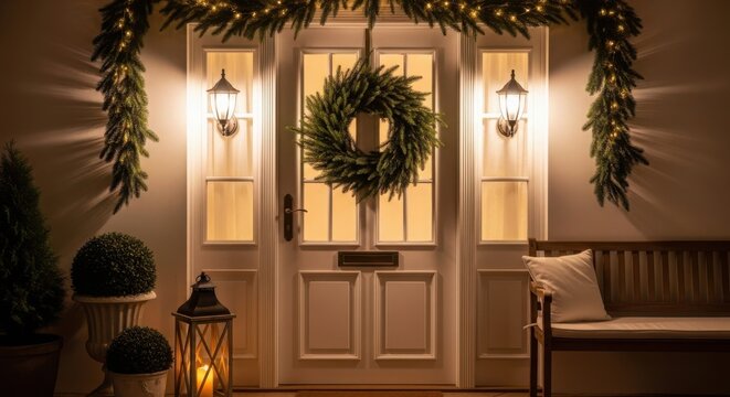 Decorated christmas house entrance with wreath garland and outdoor lanterns