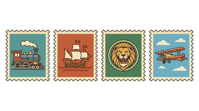 Set of four vintage postage stamps featuring a steam train sailing ship lion and biplane.