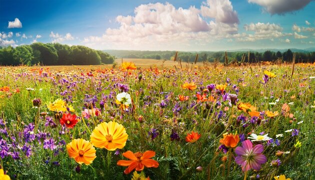 Schone Bunte Bluhende Wiese Mit Wildblumen Im Panoramaformat Nahaufnahme
