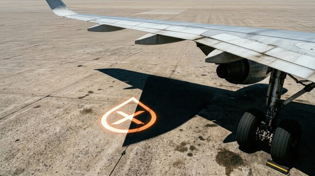 Aircraft wing casting shadow on airport tarmac with marked zone