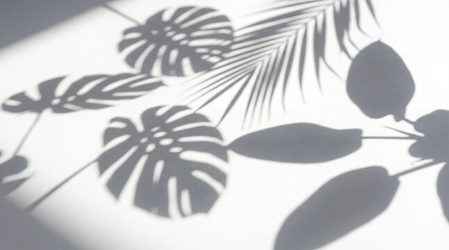 Shadows of plants on a white background. A floral background for a photo shoot and product cards. Monstera and philodendron